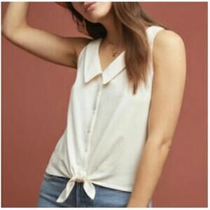 ATHROPOLOGIE Biloxi Collared Tie Front Sleeveless Top White Ivory Peter Pan M